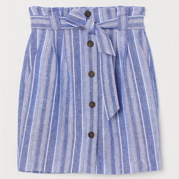 Size 6 H&M Linen High Waisted Blue and White Skirt Pockets and Belt - Picture 1 of 4